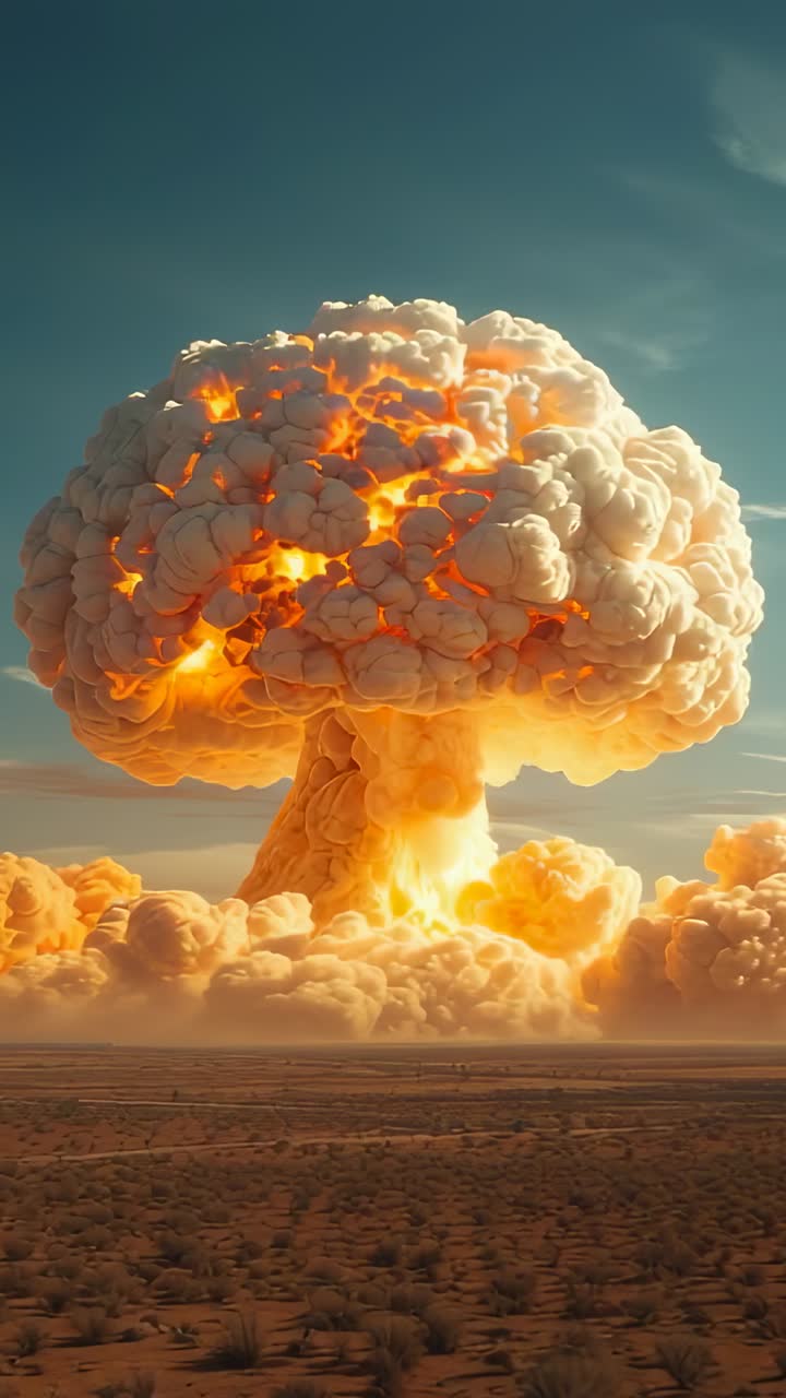 Vertical video: Flashing burst sending fireball rising into mushroom cloud over desert plain smoke