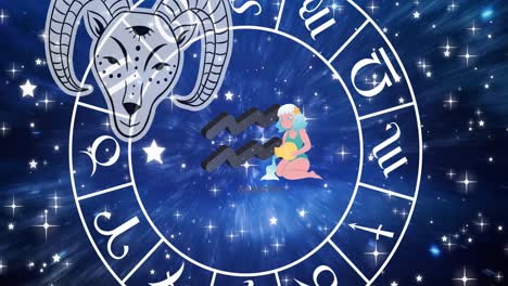 Animation-of-horoscope-symbols-over-stars-on-blue-background