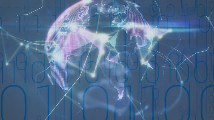 Animation of globe with network of connections over binary coding