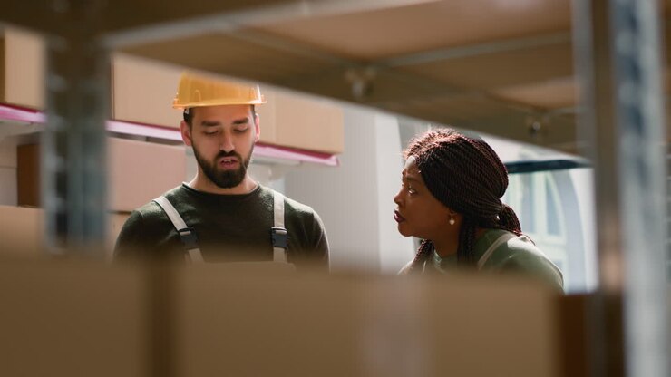 Warehouse workers discussing inventory