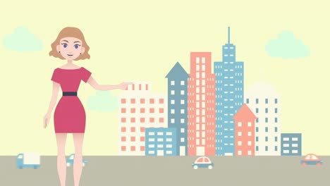 Animation-of-caucasian-businesswoman-making-presentation-over-cityscape