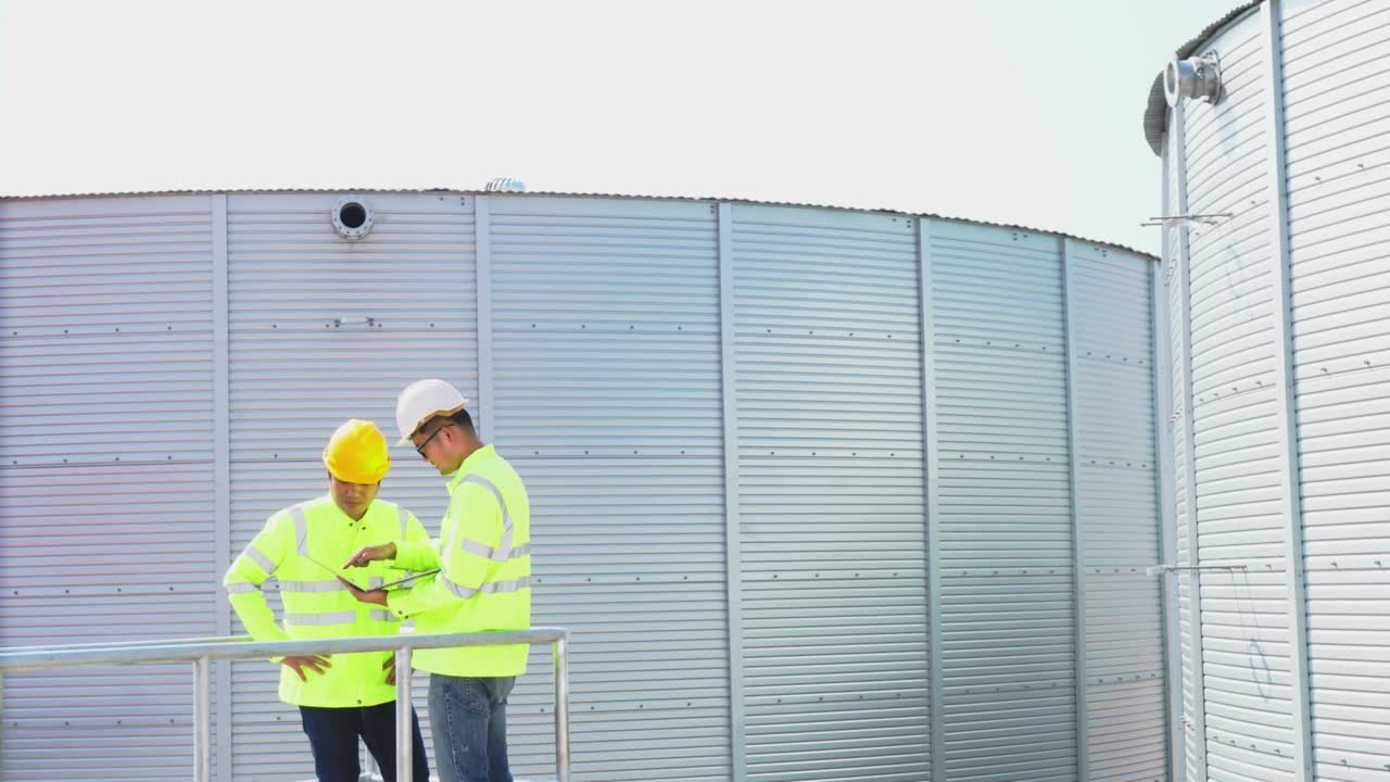 trabajo en equipo ingeniero civil examinar la construcción de tanques de agua chapa de acero para el almacenamiento de agua del grifo de la propiedad industrial. servicios públicos de la industria.