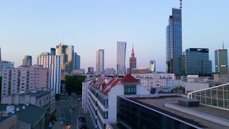 aerial view, flying forward towards varso tower, the tallest skyscraper in the european union