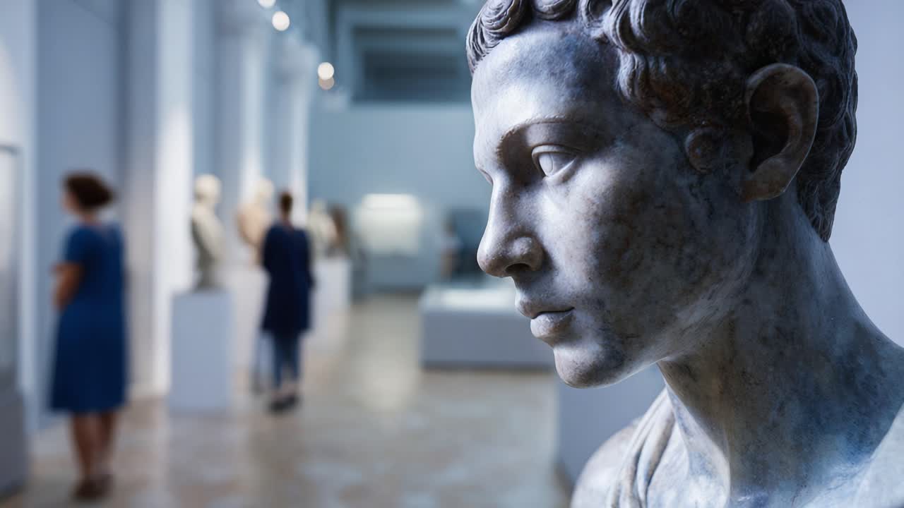 Un primo piano di una scultura di busto dettagliata in una galleria d'arte moderna, circondata da altre opere esposte, che cattura l'essenza del patrimonio artistico e dell'artigianato.