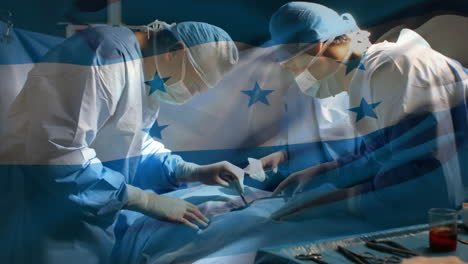 animación de la bandera de honduras ondeando sobre los cirujanos en el quirófano