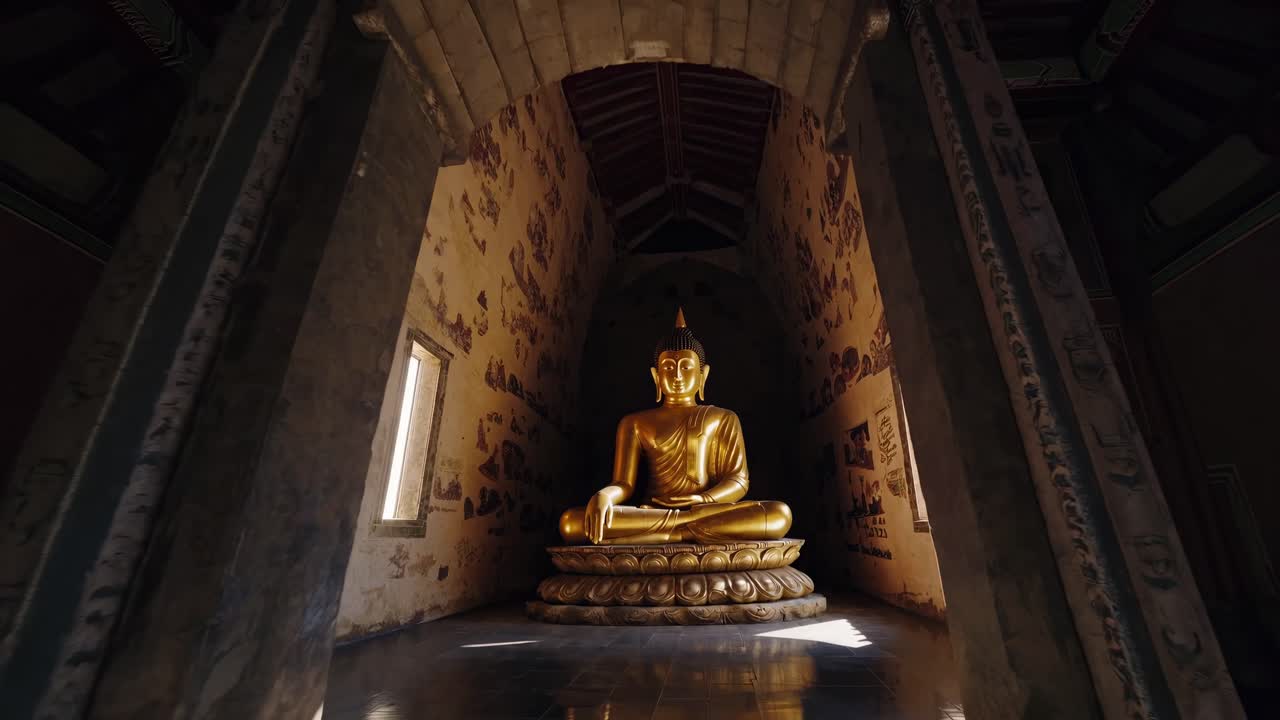Un tempio sereno immerso in un lussureggiante bambù, ripreso da un'angolazione bassa, che mostra tranquillità.