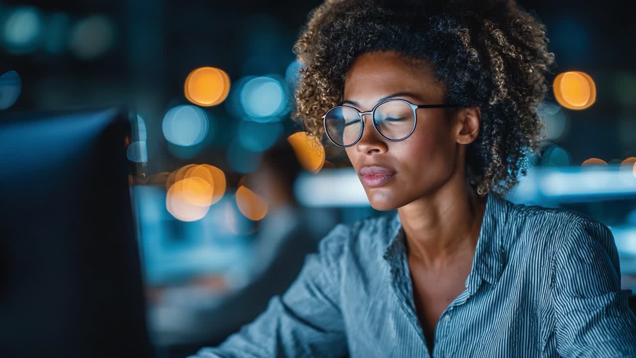 Focused Professional Working on a Computer at Night: A Close-Up of a Young Woman in Eyeglasses Engaged in Productive Tasks with a Blurred Background