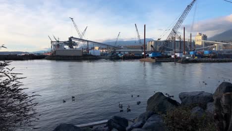 big blue crane on a barge moored at a pier with on the background a lot of grain conveyors to a silo while ducks are flying away on the foreground on a partly cloudy day