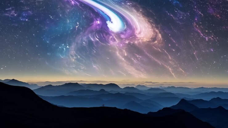 Mountain View at Night with Cosmic Nebula
