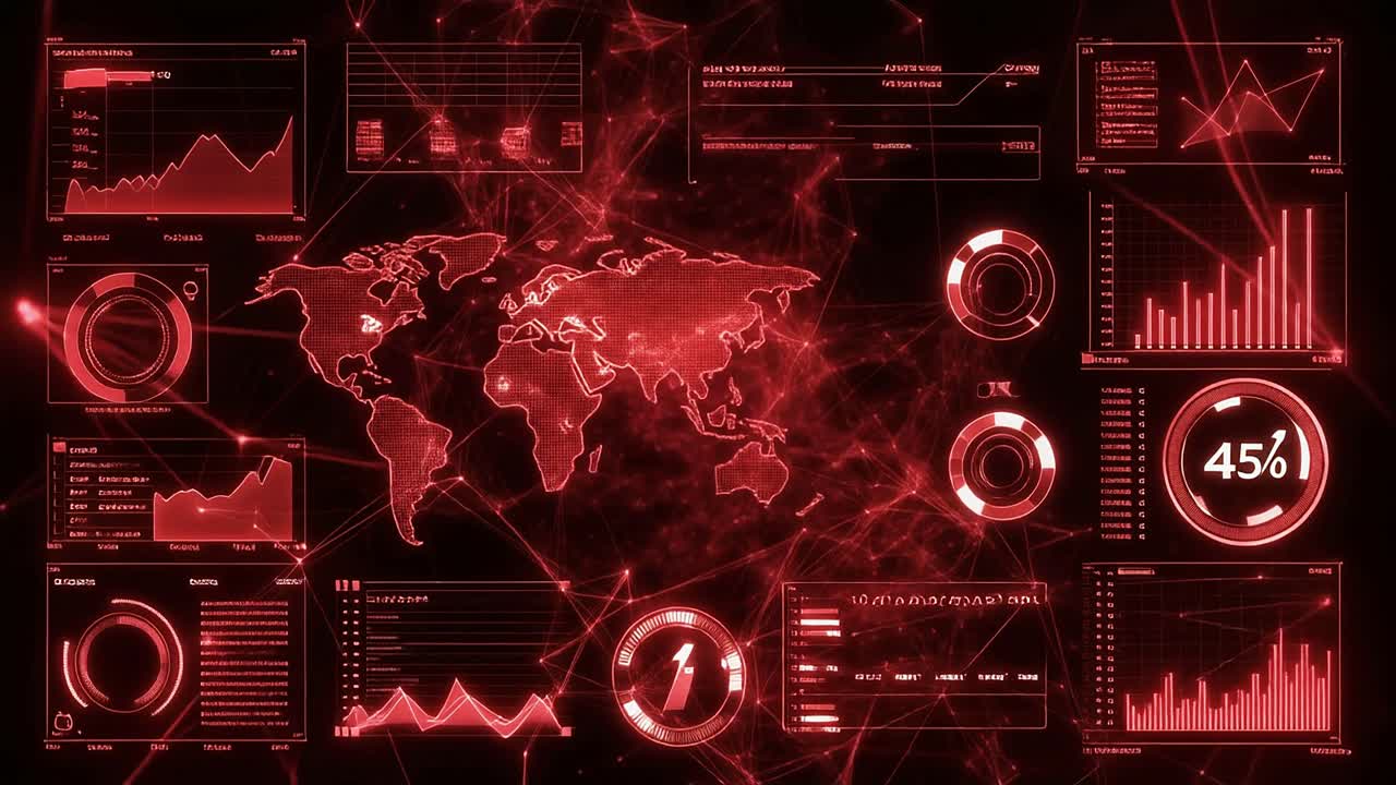 Red Digital Interface Displaying World Map and Data Charts