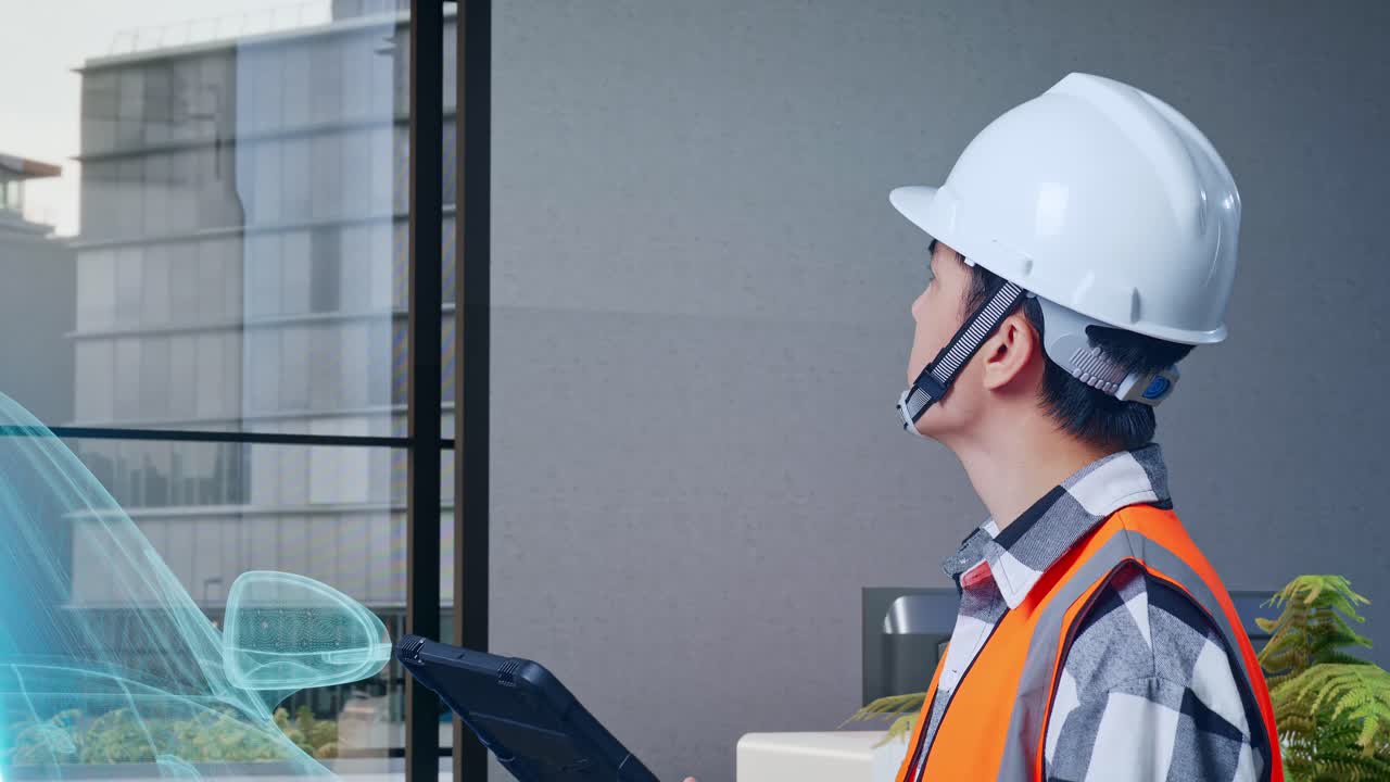 Close Up Side View Of Asian Male Engineer With Safety Helmet Looking At The Tablet In His Hand And Looking Around While Standing With Concept of Electric Vehicle, High-tech Industrial Facility