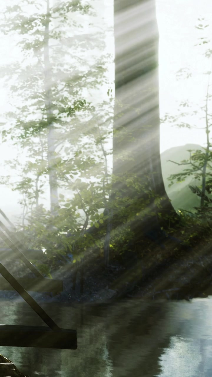 Raggi del sole che filtrano tra gli alberi vicino a uno specchio d'acqua al mattino