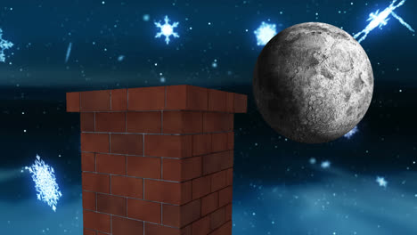 animación de paisaje navideño de invierno con chimenea, nieve cayendo y luna