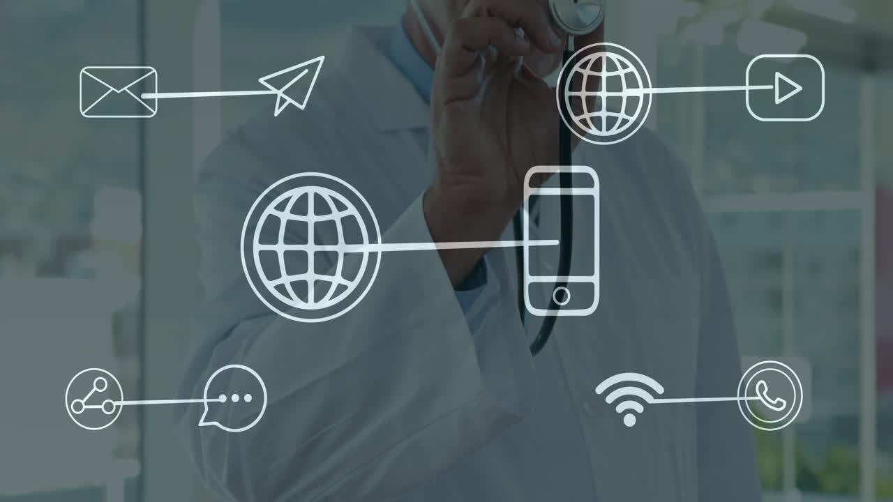 Doctor holding stethoscope to chest in health clinic, showing floating phone and Wi?Fi icons