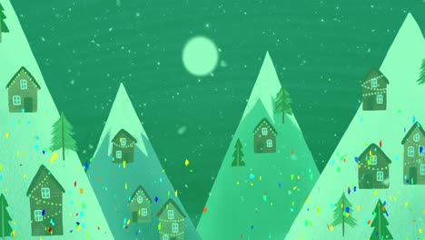 Animation-Von-Buntem-Konfetti,-Das-über-Die-Winterlandschaft-Gegen-Den-Nachthimmel-Fällt,-Mit-Kopierraum