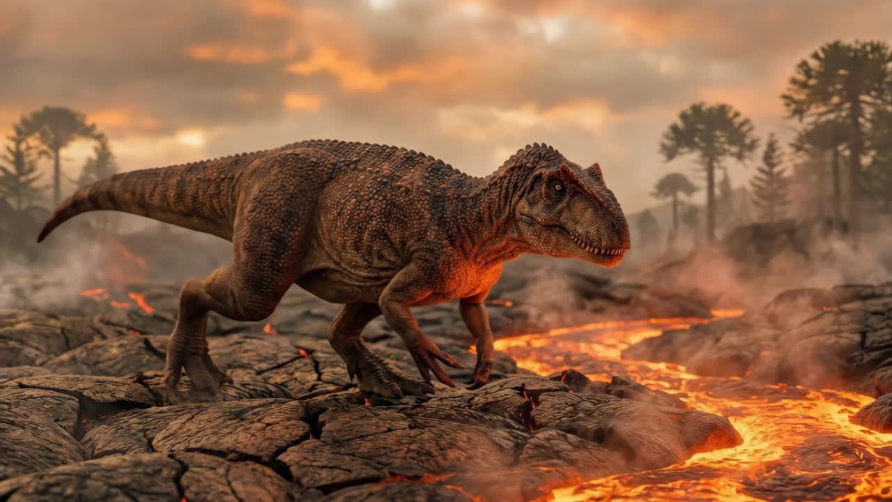 火山の風景の中にいるティラノサウルス・レックス