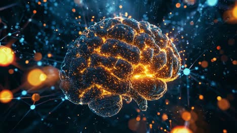 exploring the connection between technology and cognitive processes through an animated visual representation of a brain illuminated with vibrant data points
