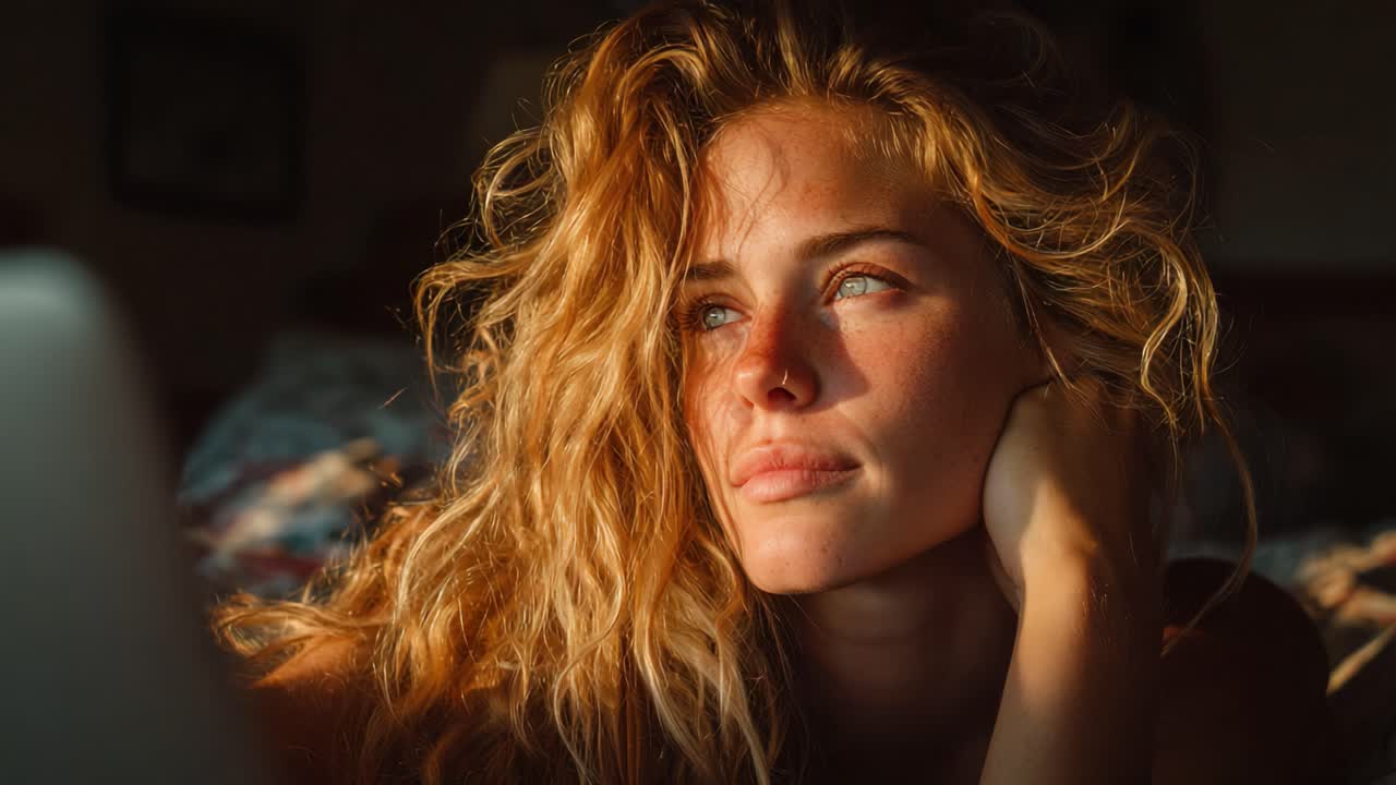Captivating Moment of Reflection: A Woman with Golden Curls Lost in Thought, Illuminated by Soft Light, Offering a Glimpse into Her Emotions and Serenity