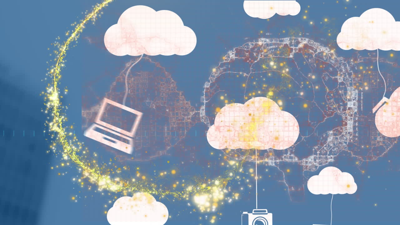 떨어지는 별, 인간의 뇌, 블루 배경에 전자 장치가 있는 디지털 구름의 애니메이션