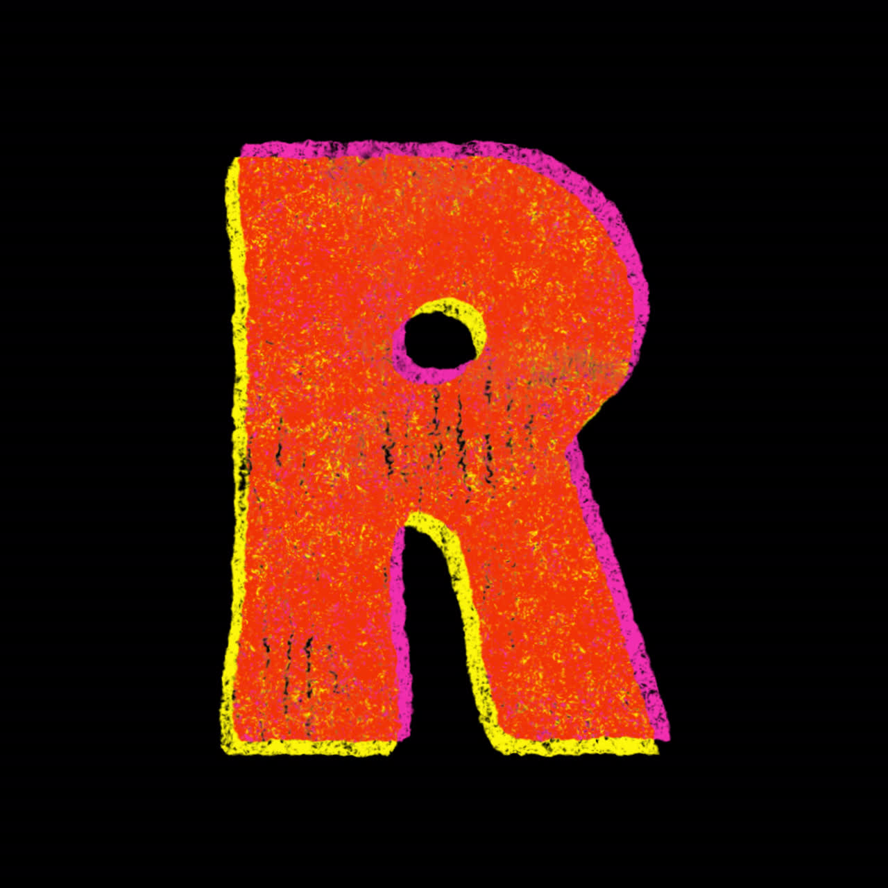Animation d'une lettre R colorée style crayon sur fond noir.