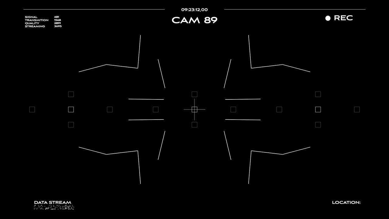Professional digital HUD overlay featuring surveillance camera framing and data transmission readouts. Ideal for technology presentations, sci-fi backgrounds, and cyber thrillers.