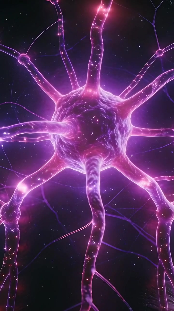 Vertical video: Pushing view revealing soma pulsing along neurites in micro field, synapse nodes
