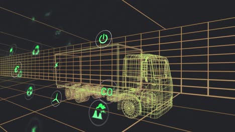 Animation-Mehrerer-Digitaler-Symbole-über-Einem-3D-Lkw-Modell,-Das-Sich-In-Einem-Nahtlosen-Muster-In-Einem-Tunnel-Bewegt