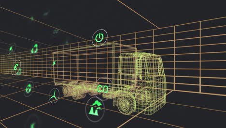 animación de múltiples iconos digitales sobre un modelo de camión 3d que se mueve en un patrón sin costuras en un túnel