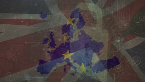 Animation-of-padlock,-data-processing-and-flag-of-eu-and-uk