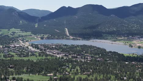 estes park, colorado usa, aerial view of town buildings, traffic and lake on sunny summer day, drone shot