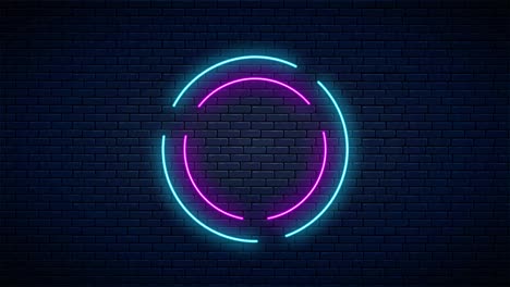signo animado de neón de abierto 24 horas y 7 días en marcos de círculo giratorio. animación de cartel de calle brillante de bar abierto