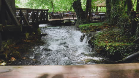 Gente-Cenando-En-El-Restaurante-Ubicado-Sobre-Un-Río-Y-Un-Bosque