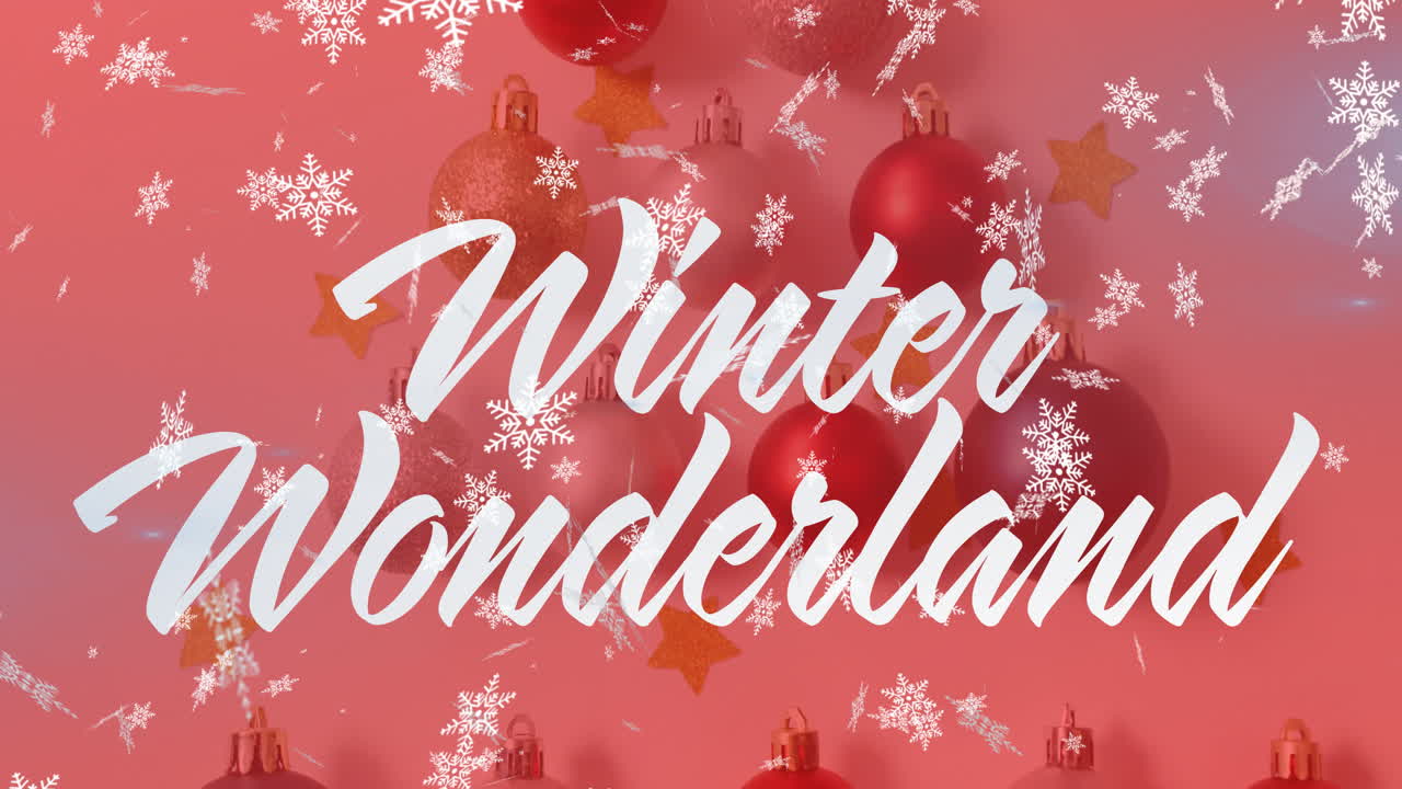 Winter Wonderland text animation with Christmas ornaments and snowflakes floating