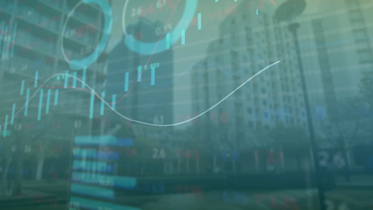 Animation of multiple graphs and trading board over low angle view of modern buildings