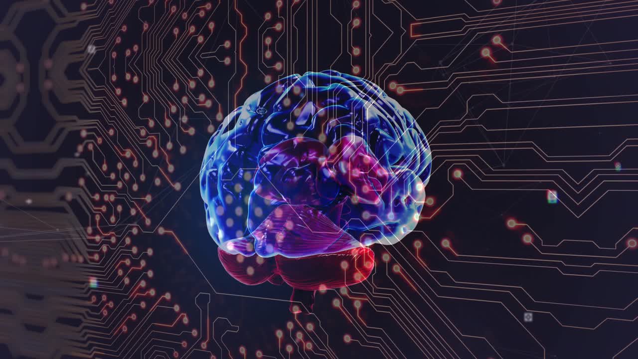 Animation of digital brain over computer circuit board on black background