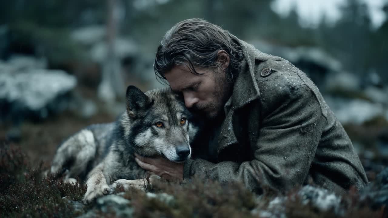 Man and Wolf in Rain: A Profound Connection Captured in Two Frames of Intimacy and Bonding Amidst Nature's Elements