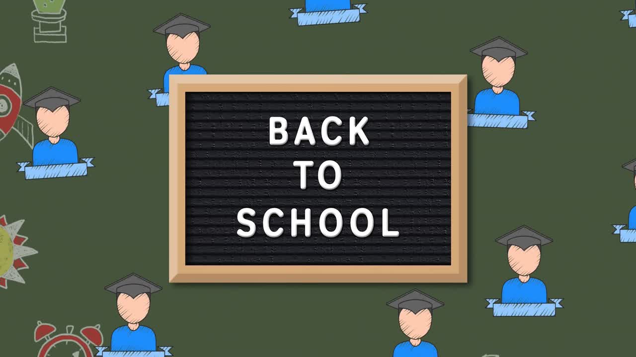 초록색 배경에 있는 학교 아이템 아이콘 위에 있는 학교로 돌아가는 텍스트의 애니메이션