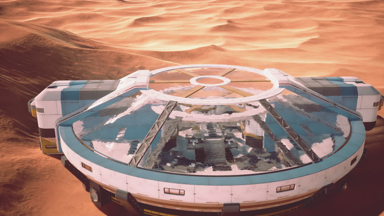 un edificio di vetro futuristico nelle dune del deserto