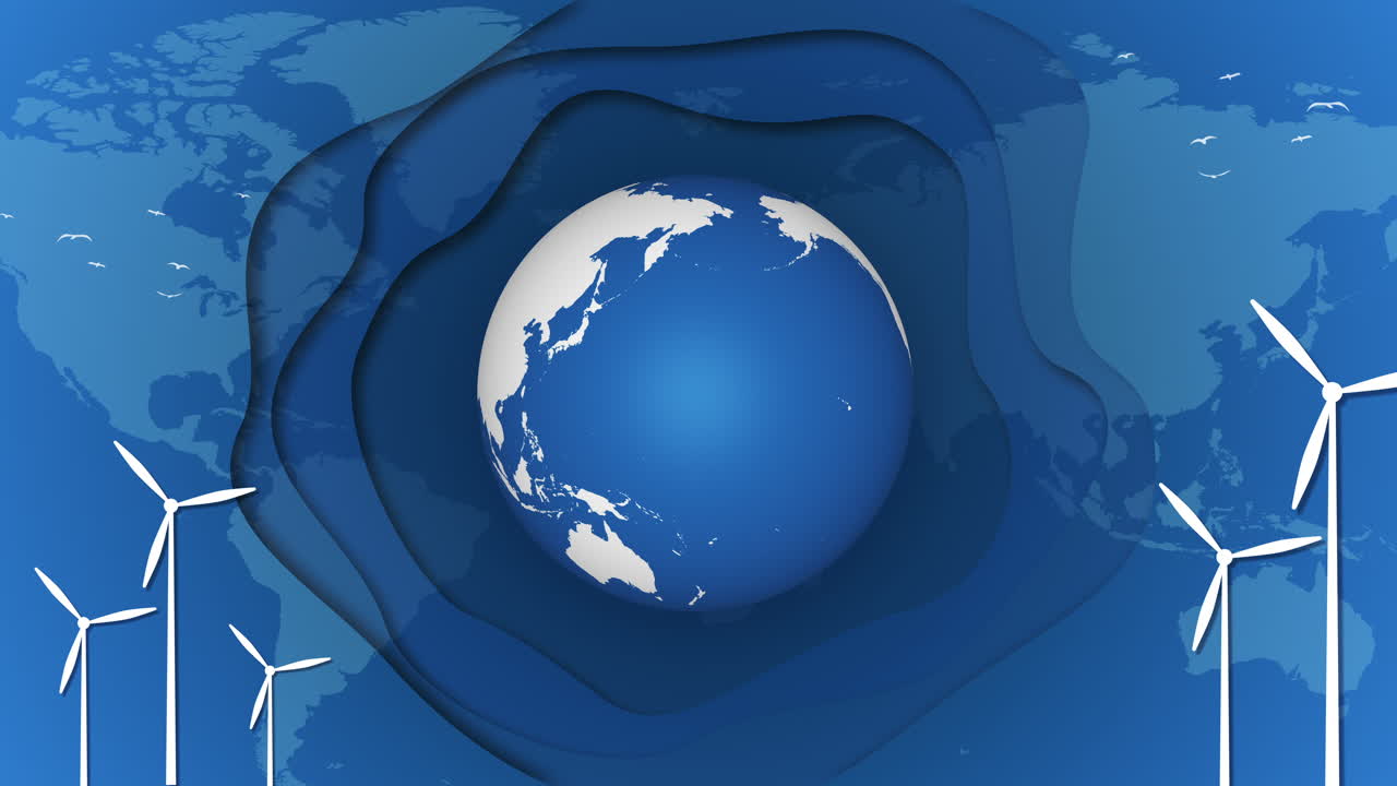 3D animation of planet Earth with windmills for energy production. Cut paper style. Blue layered background with world map. Looped video.