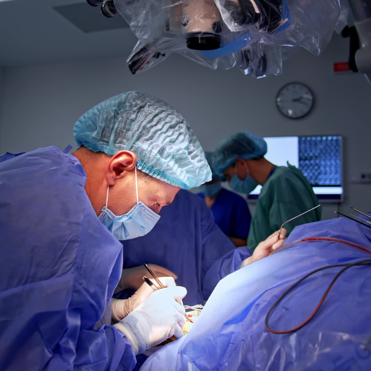 Male Caucasian surgeon bent sitting over the patient. Careful professional focused on his work using metal tools. Medical staff at backdrop in blur