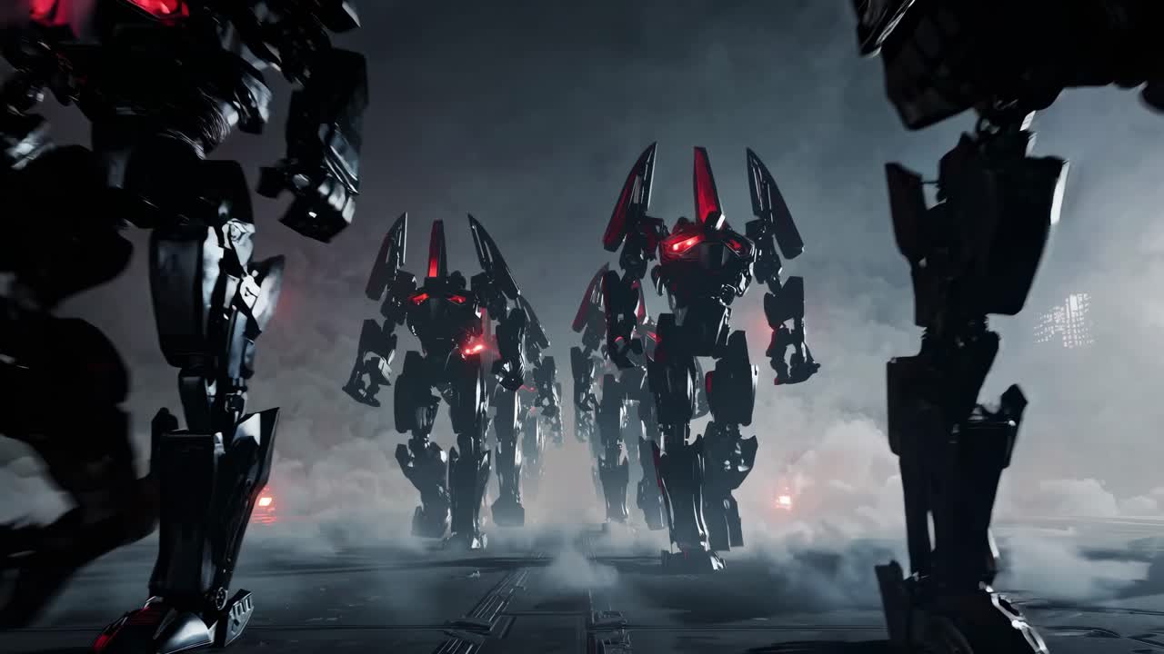 Low-angle shot of futuristic robots marching through fog, creating a dramatic, cinematic video scene