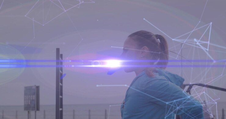 Žena protahující se venku s překrytím digitální sítě