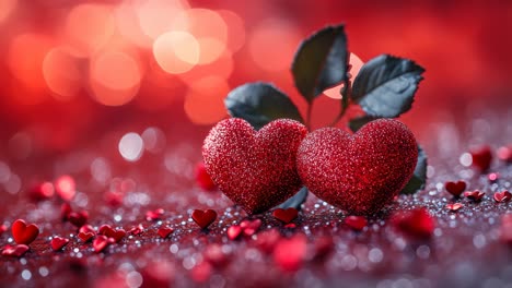 romantic hearts and decor. two sparkling red hearts shine against a shimmering backdrop, surrounded by smaller heart decorations.