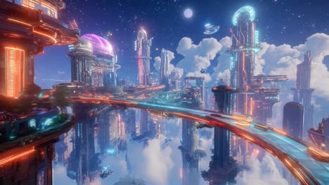 floating futuristic cityscape at night