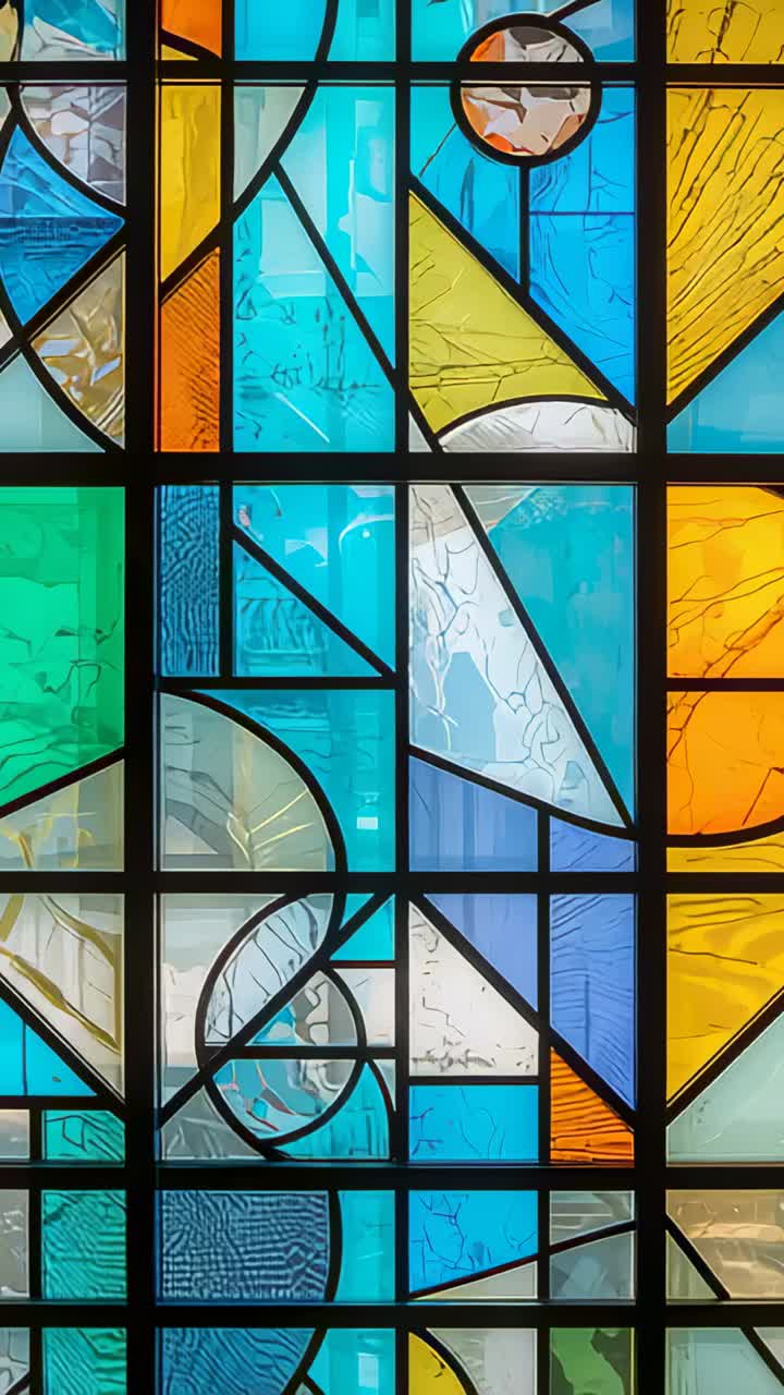 Vertical video: Shifting camera capturing stained-glass panel in chapel showing lead lines and hue