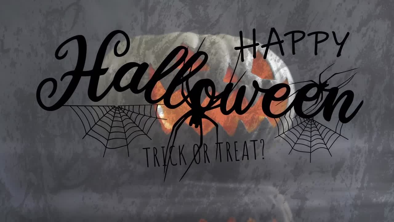 Animation of halloween text over carved pumpkin with spiders on grey background