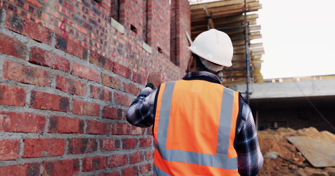 Un costruttore ispeziona un muro di mattoni sul cantiere