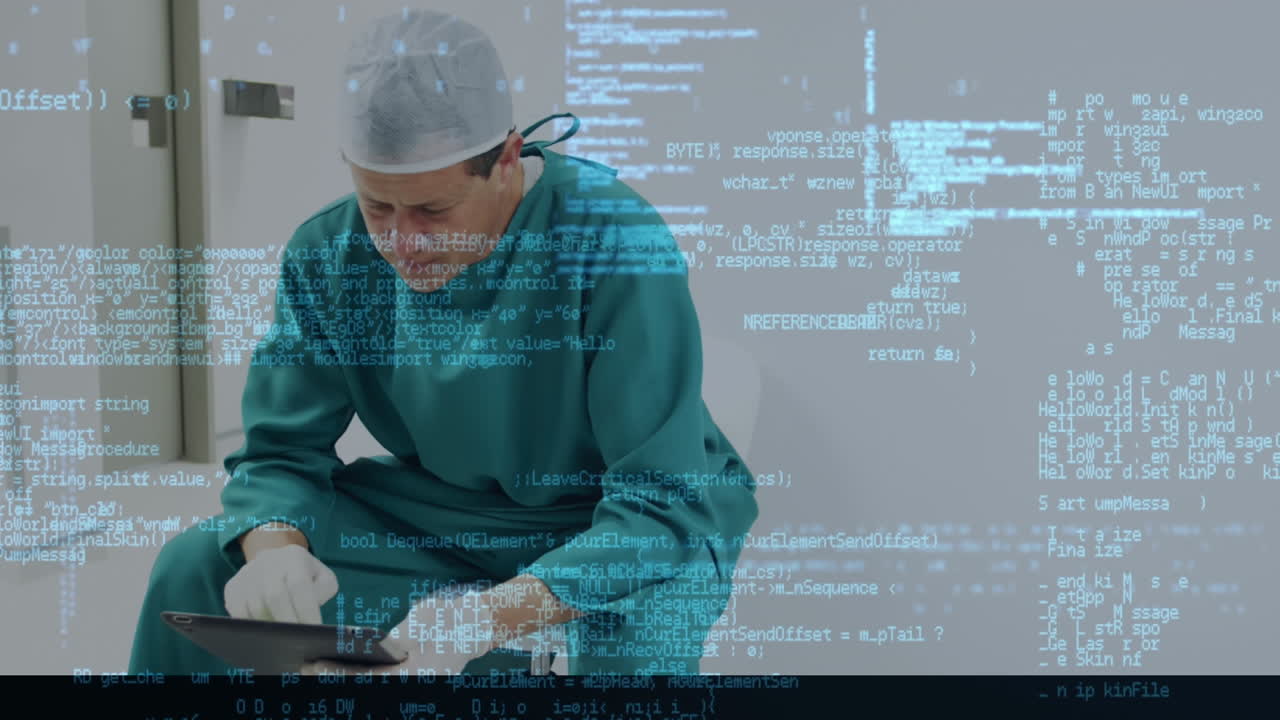 Animation of data processing over doctor using tablet and grid