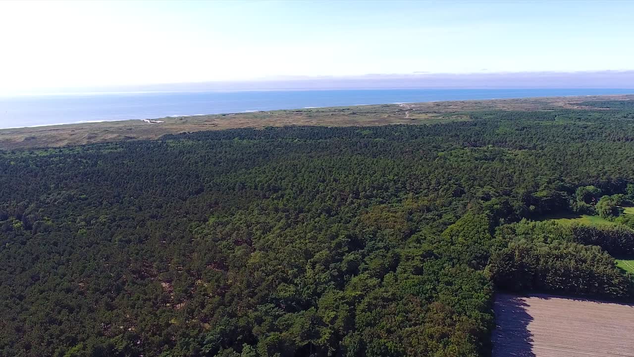 un dron disparó volando hacia arriba, con vistas a un bosque y viendo el mar a lo lejos, en la isla texel