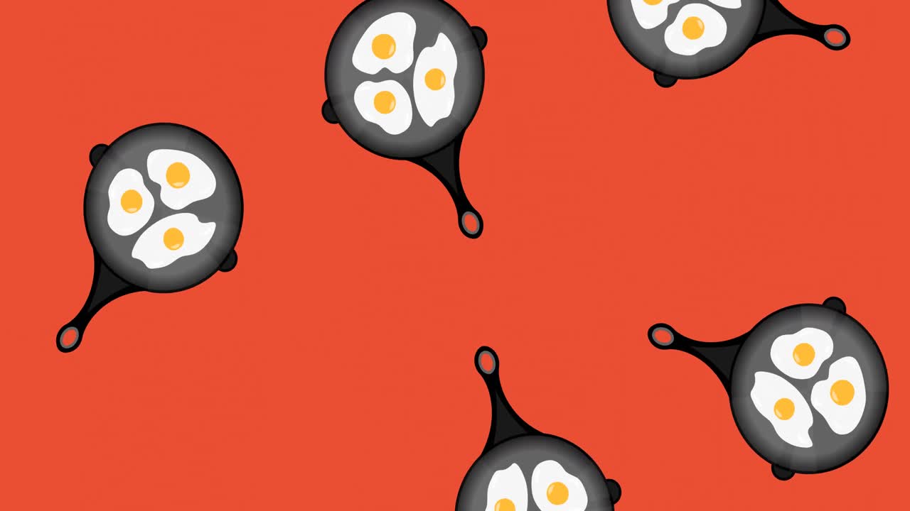 Composition of pan with eggs icons on red background